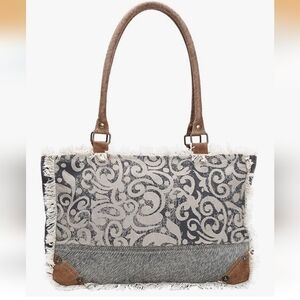Myra Bag Symbols Upcycled Handbag Canvas Cowhide Leather